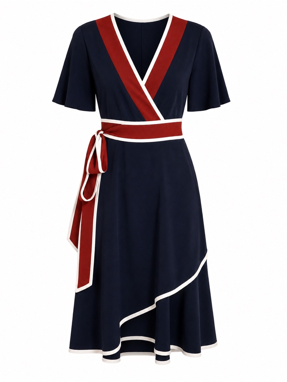 Tory Burch Peggy Wrap Dress Navy Red White Striped Trim Sz 10 EUC - Picture 9 of 11